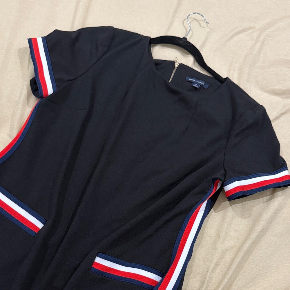 Black Dress with Red and Blue Stripes